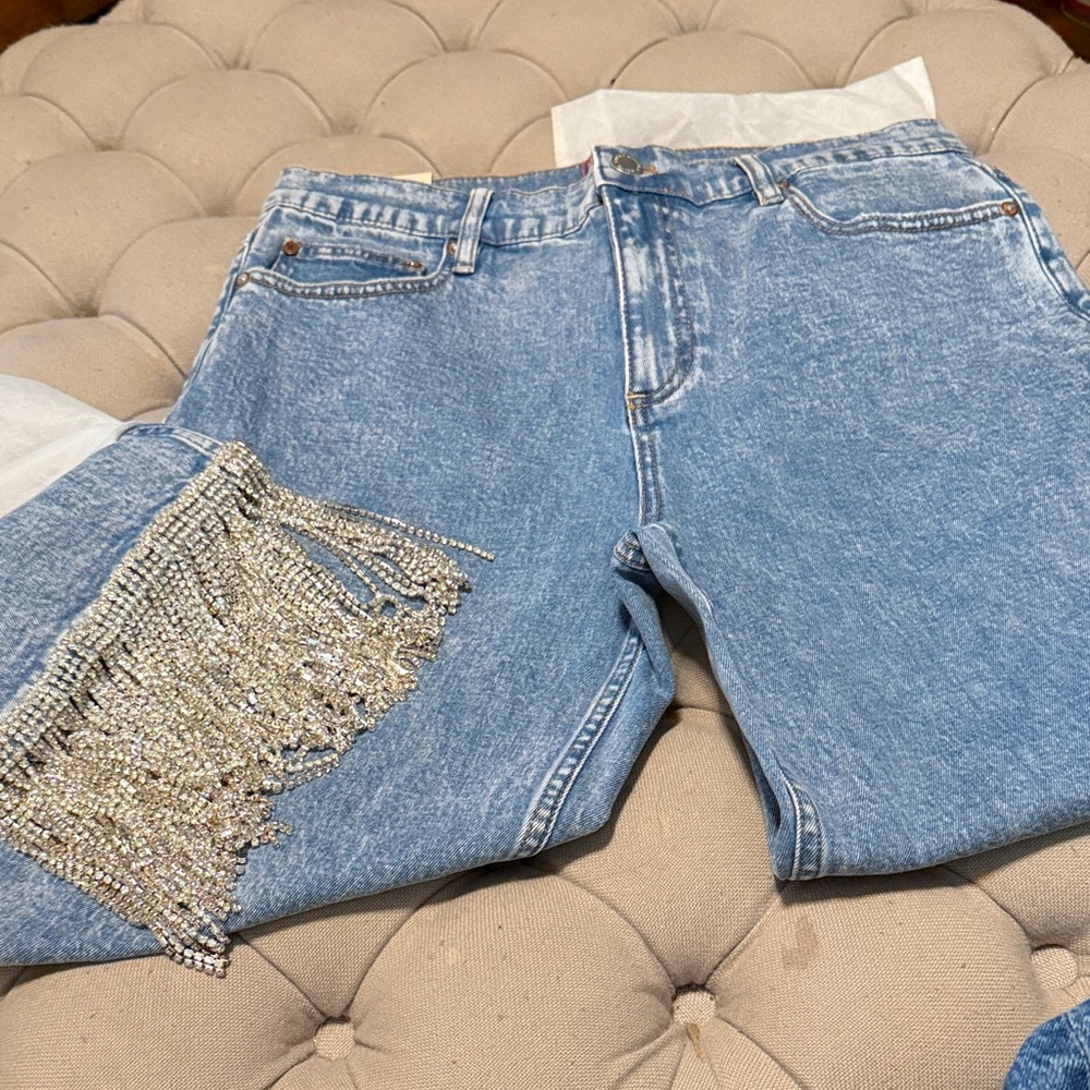 Alice + Olivia Light Blue Jeans with Crystal Fringe